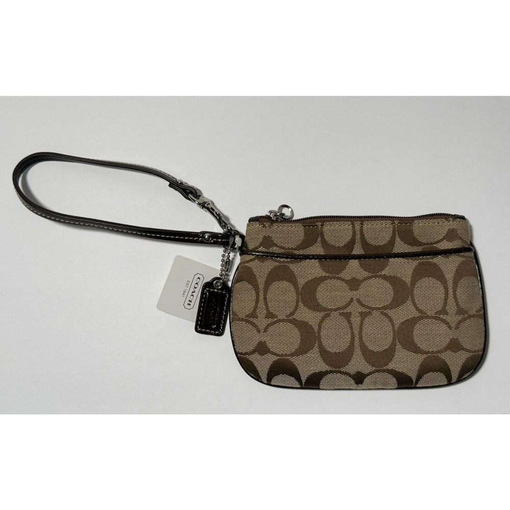 NWT Coach Jacquard Signature C Wristlet Wallet with‎ Leather Trim Charm Brown